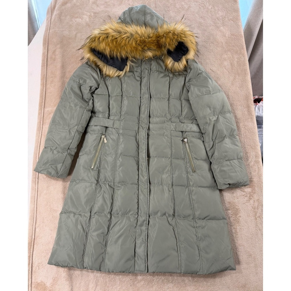 OROLAY Down Long Puffer Coat Faux Fur Hood‎ Belted Winter Warm Womens M Gray EUC